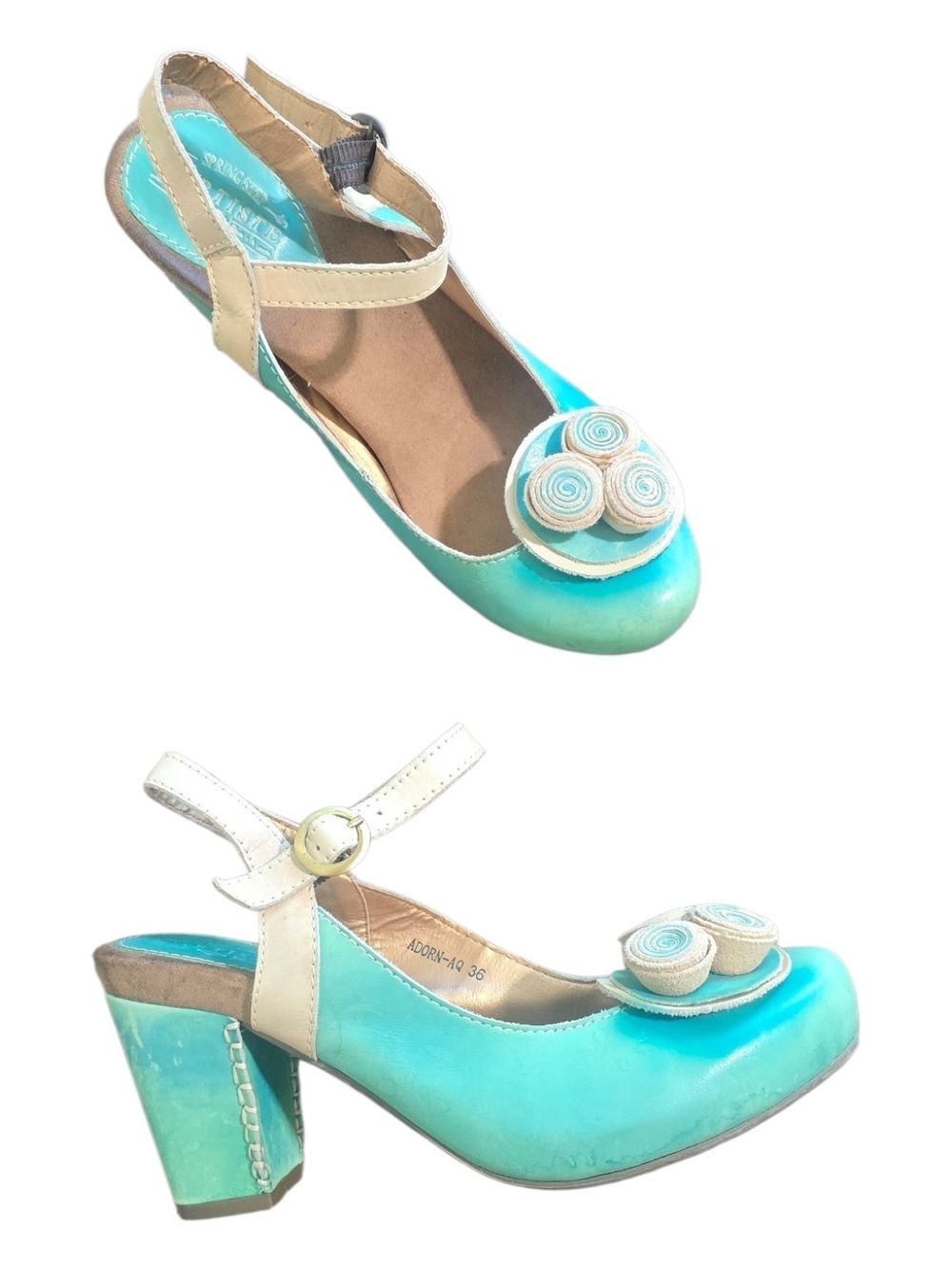 L'Artiste Spring Step Adorn Leather Chunky Heel Mary Jane Blue EU 36 US 5.5 - 6